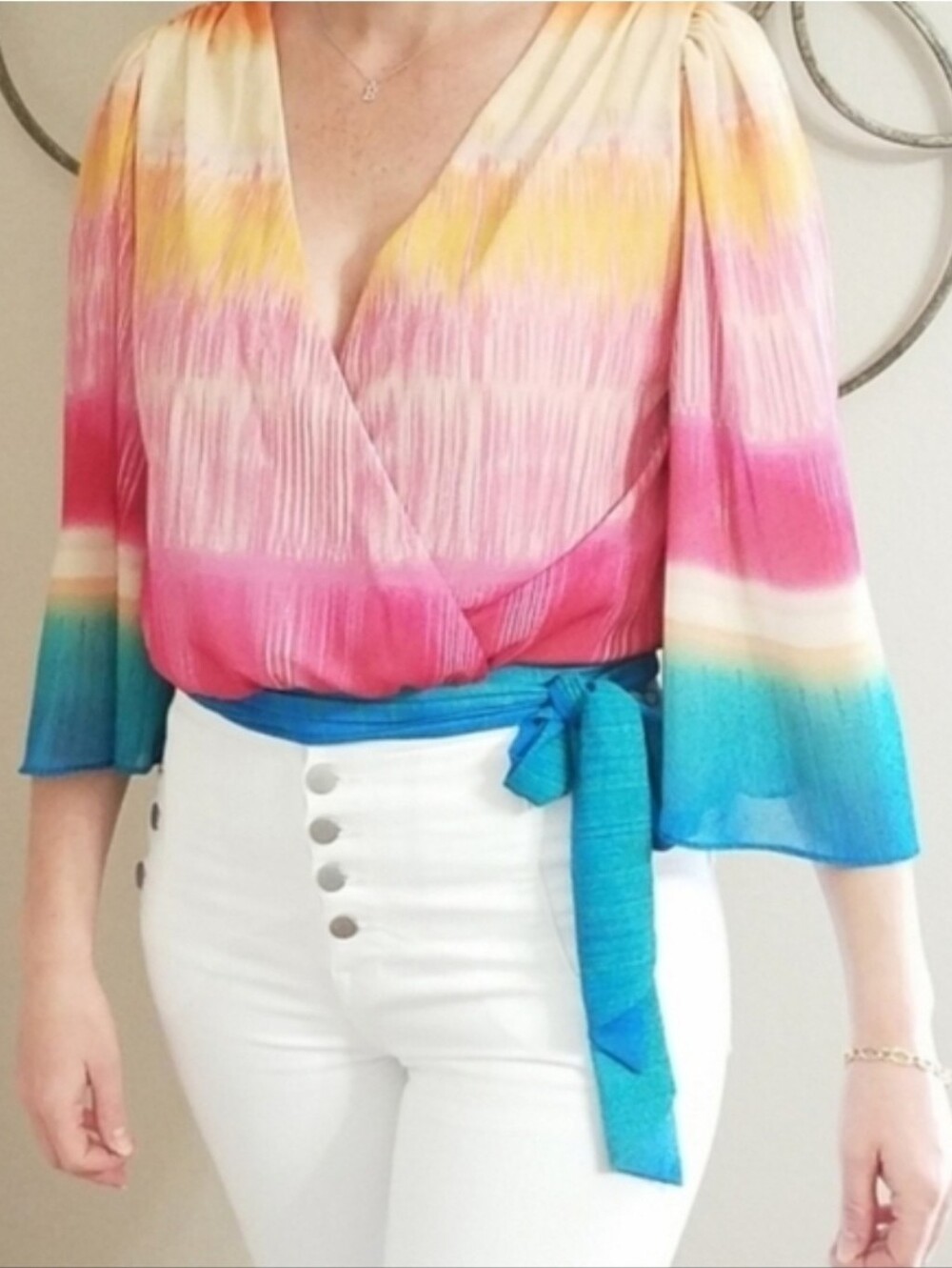 Jealoys Tomato Vibrant Multi-Color Wrap Top with Tie Waist - Picture 7 of 10